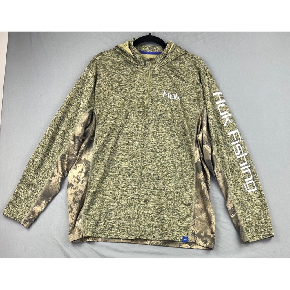 Huk Fishing Hoodie Mens XL Green Camo 1/4 Zip Performance Mesh Shirt Excellent